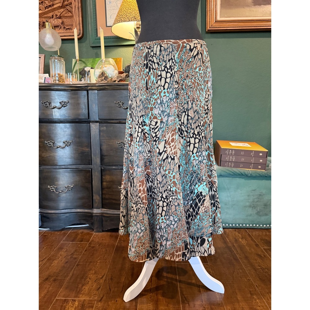 Robert Louis Womens Abstract Animal Print Midi Skirt Brown Teal Size 8